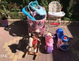 Baby toys and bed and Chair and Stroller